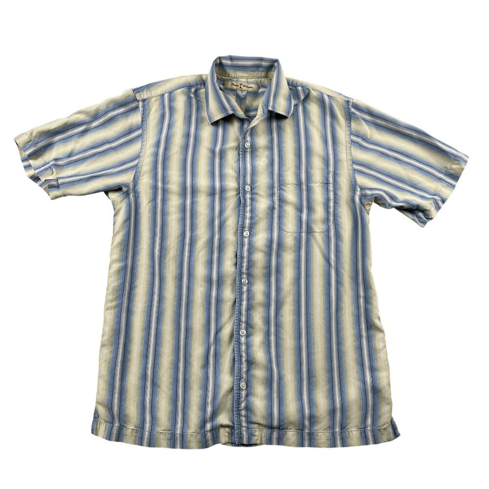 Tommy Bahama Silk Shirt Mens Small Yellow Blue Striped Button Down 100% Silk